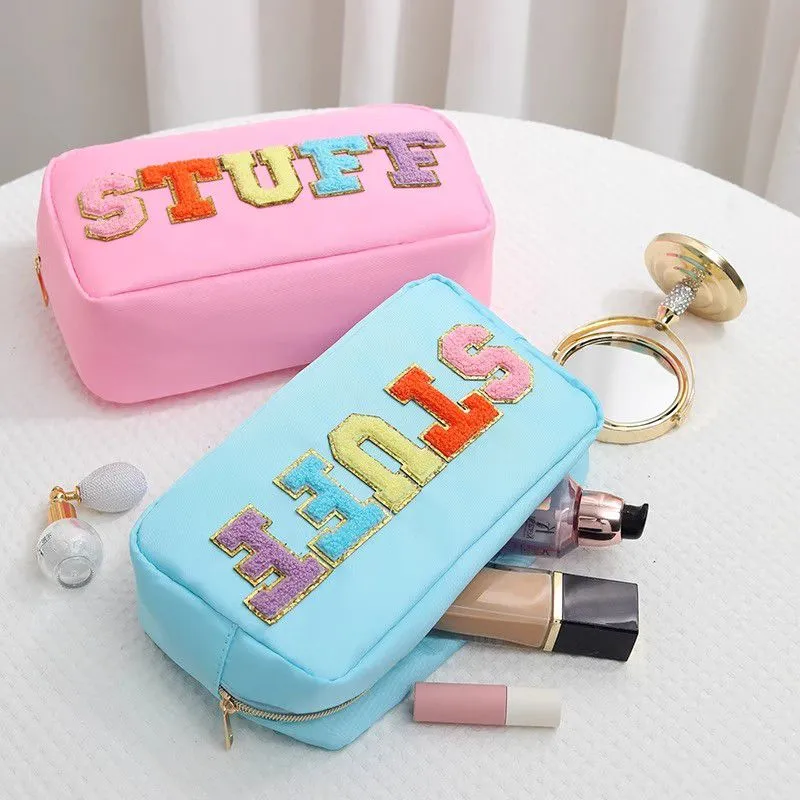 Fuzzy Letters Embroidered Faux Leather Makeup Cosmetic Bag