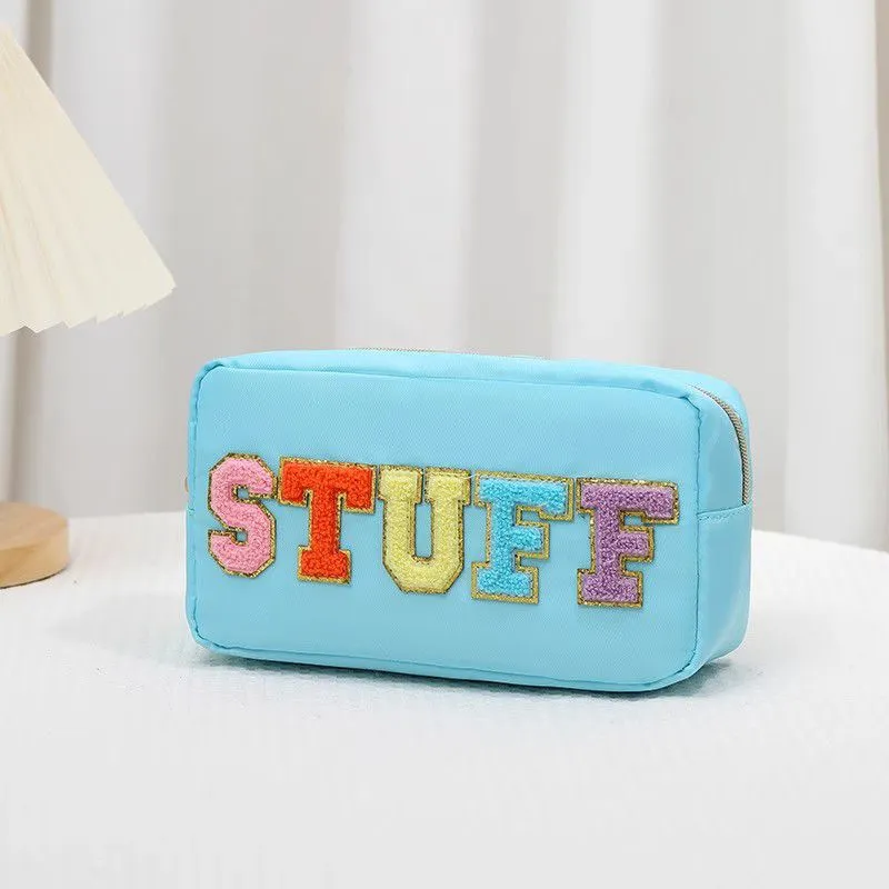 Fuzzy Letters Embroidered Faux Leather Makeup Cosmetic Bag