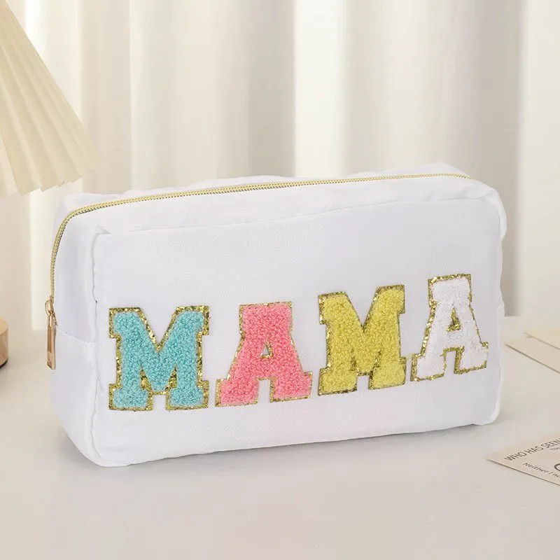 Fuzzy Letters Embroidered Faux Leather Makeup Cosmetic Bag