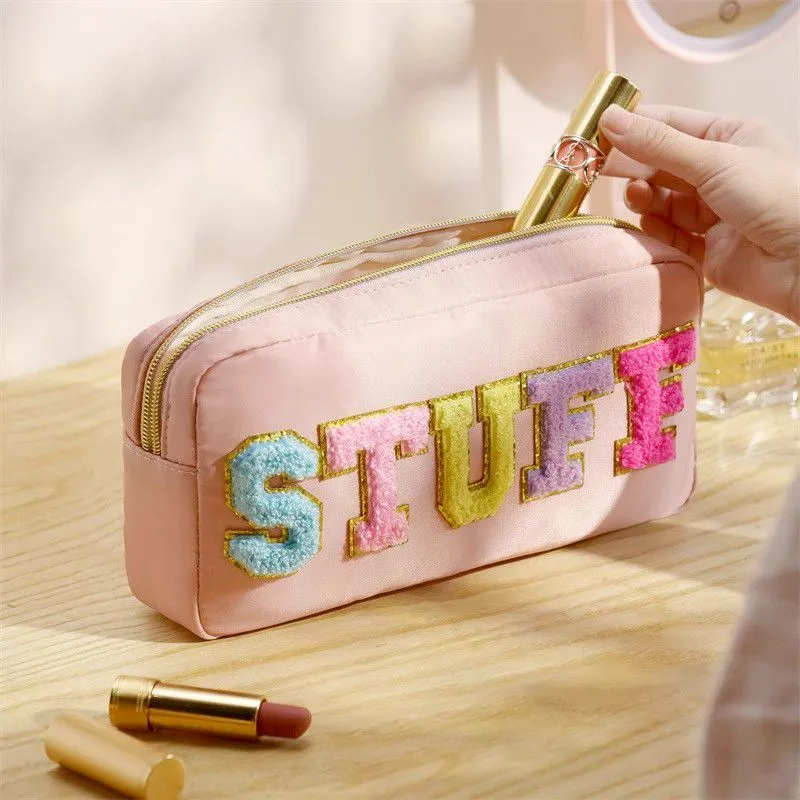 Fuzzy Letters Embroidered Faux Leather Makeup Cosmetic Bag