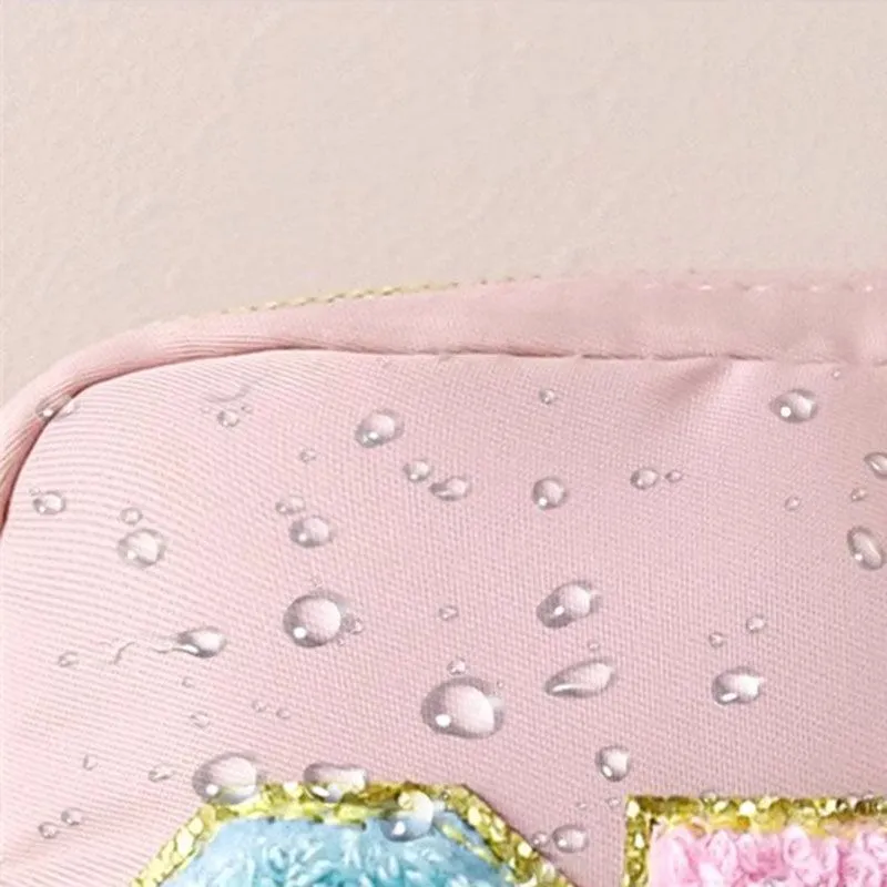 Fuzzy Letters Embroidered Faux Leather Makeup Cosmetic Bag