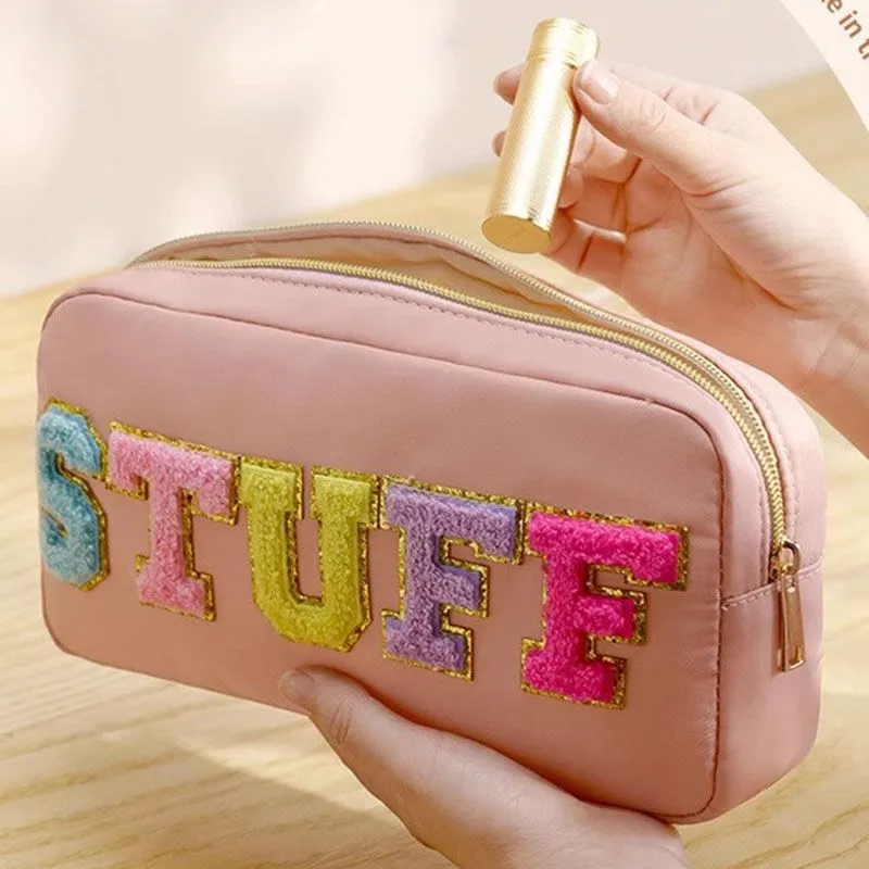 Fuzzy Letters Embroidered Faux Leather Makeup Cosmetic Bag