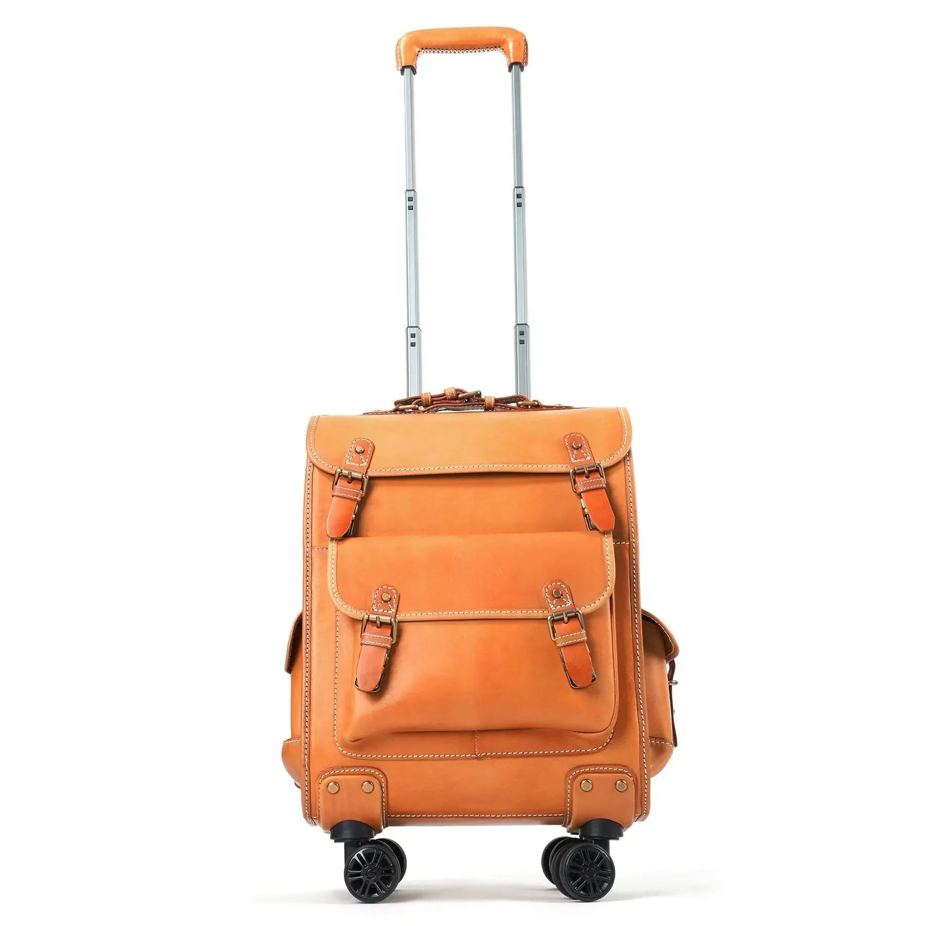 Genuine Vintage Vegetable Tanned Leather Check-In  Carry On Business Rolling Bag Rotate Universal Wheel 23 Inch Leather Business Trolley Bag