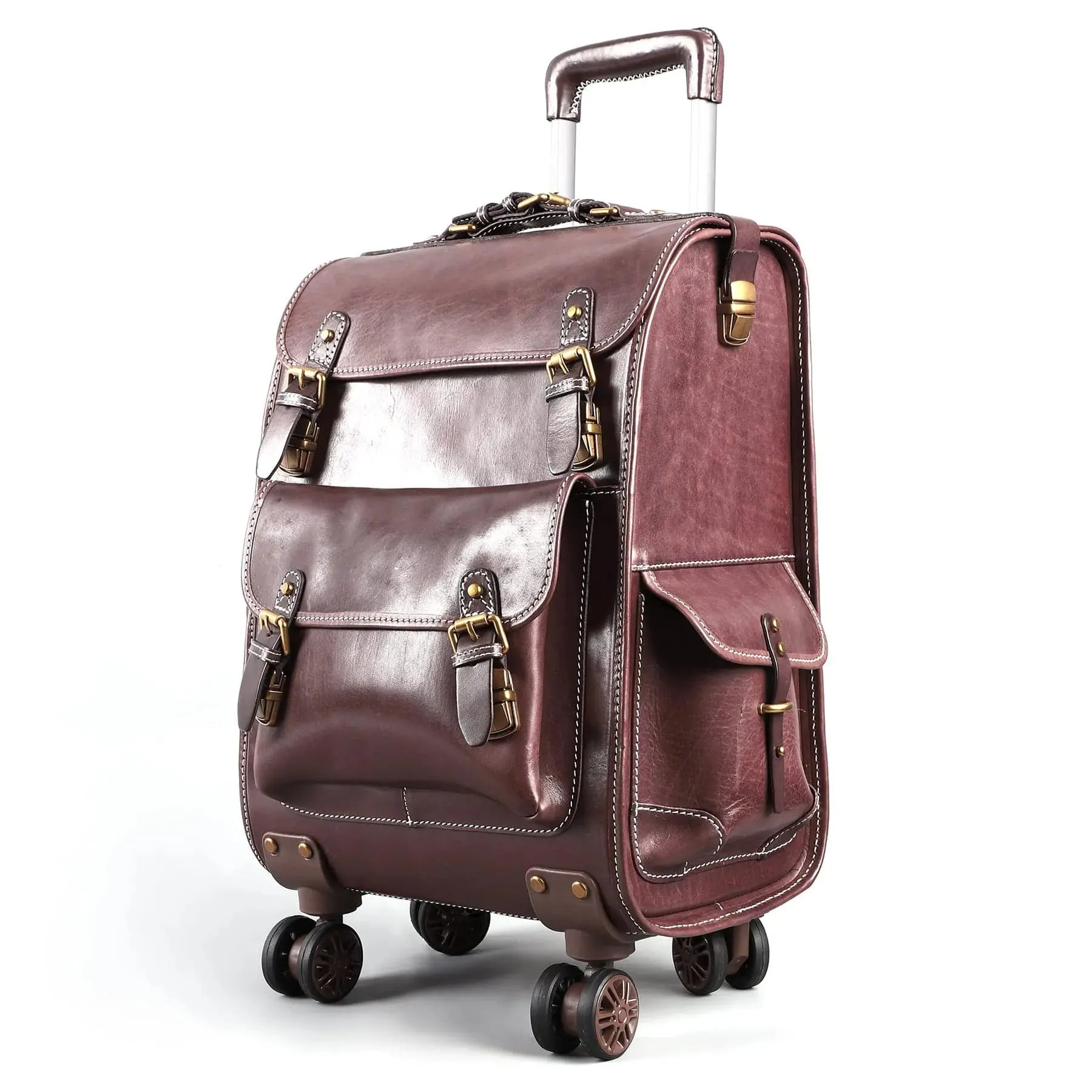 Genuine Vintage Vegetable Tanned Leather Check-In  Carry On Business Rolling Bag Rotate Universal Wheel 23 Inch Leather Business Trolley Bag