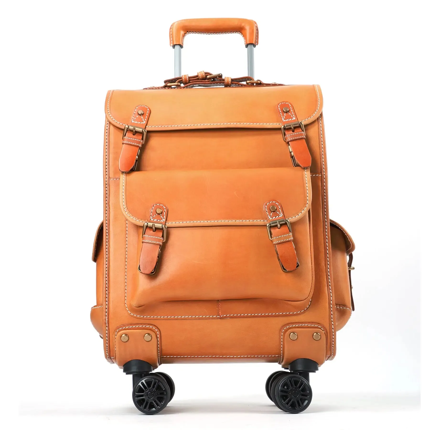 Genuine Vintage Vegetable Tanned Leather Check-In  Carry On Business Rolling Bag Rotate Universal Wheel 23 Inch Leather Business Trolley Bag