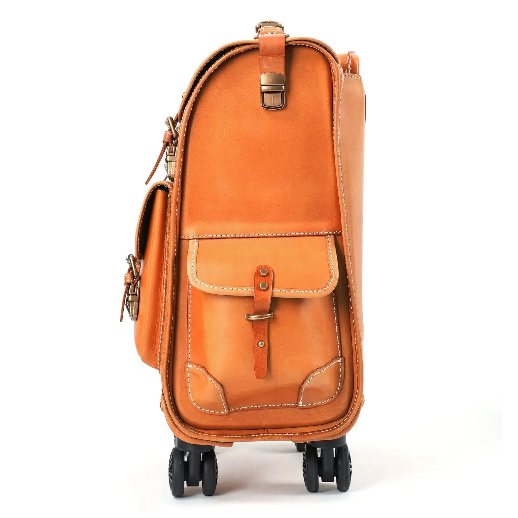 Genuine Vintage Vegetable Tanned Leather Check-In  Carry On Business Rolling Bag Rotate Universal Wheel 23 Inch Leather Business Trolley Bag