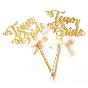 Gold Letter "Team Bride" with Ribbon, Pack of 24 Cupcake Toppers