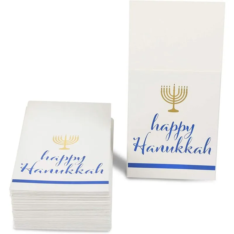 Happy Hanukkah Paper Utensil Holder, Gold Menorah (White, 3.7 x 7.5 In, 36 Pack)