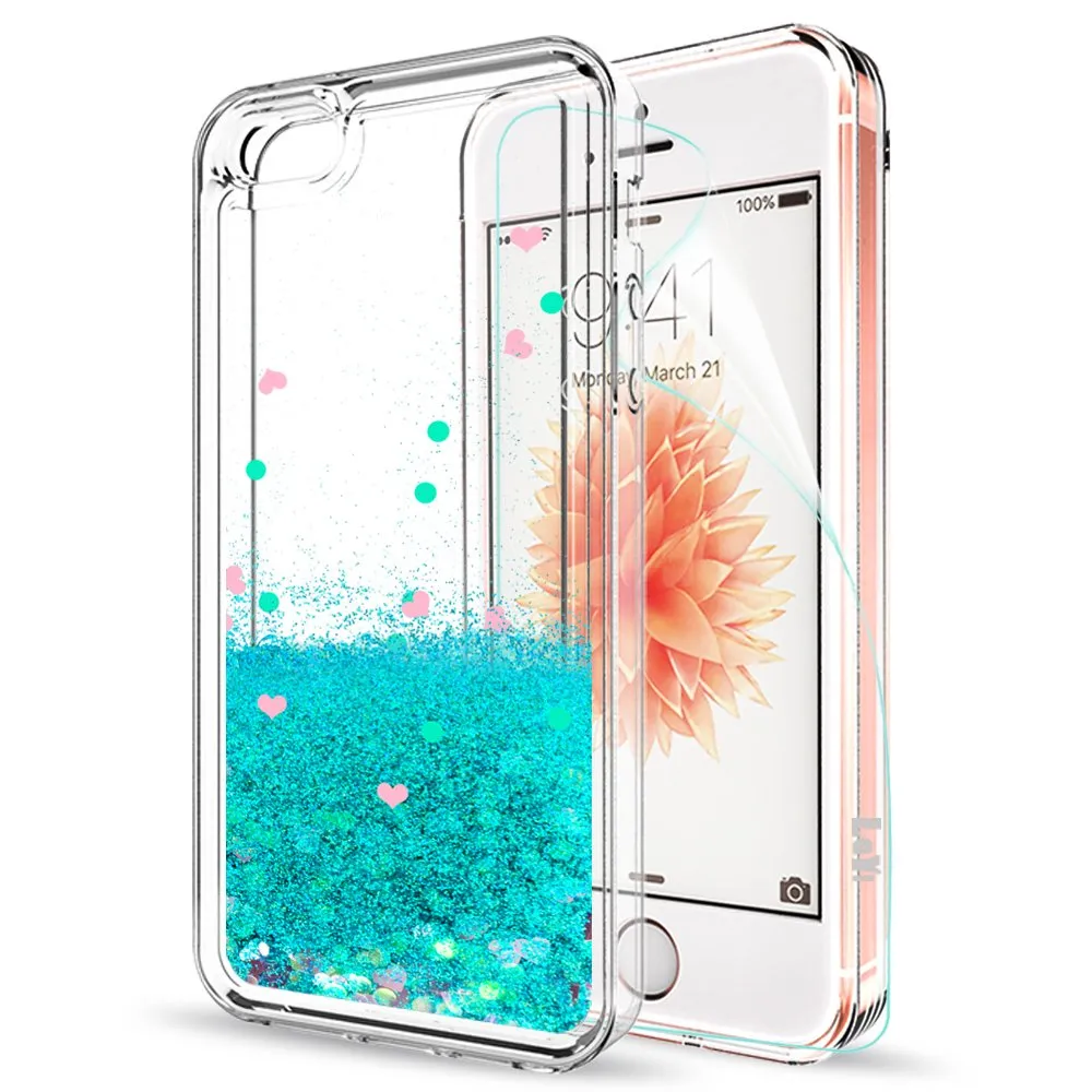 iPhone 5S Case, iPhone SE Case with [2 Pack] Tempered Glass Screen Protector, LeYi Glitter Bling Liquid Quicksand TPU Protective Case