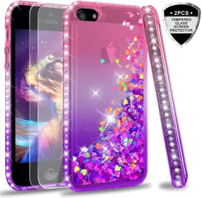 iPhone 5S Case, iPhone SE Case with [2 Pack] Tempered Glass Screen Protector, LeYi Glitter Bling Liquid Quicksand TPU Protective Case