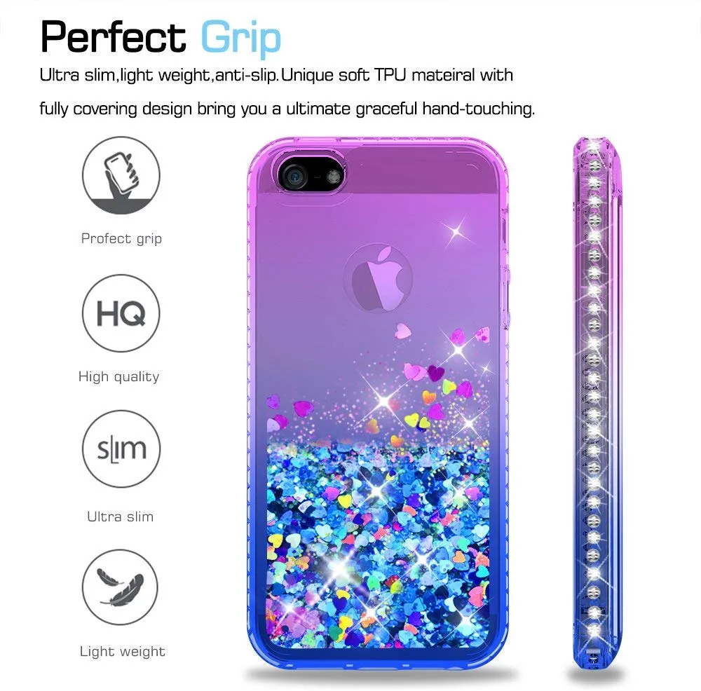 iPhone 5S Case, iPhone SE Case with [2 Pack] Tempered Glass Screen Protector, LeYi Glitter Bling Liquid Quicksand TPU Protective Case