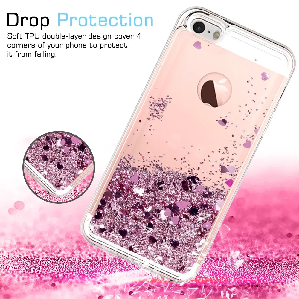 iPhone 5S Case, iPhone SE Case with [2 Pack] Tempered Glass Screen Protector, LeYi Glitter Bling Liquid Quicksand TPU Protective Case