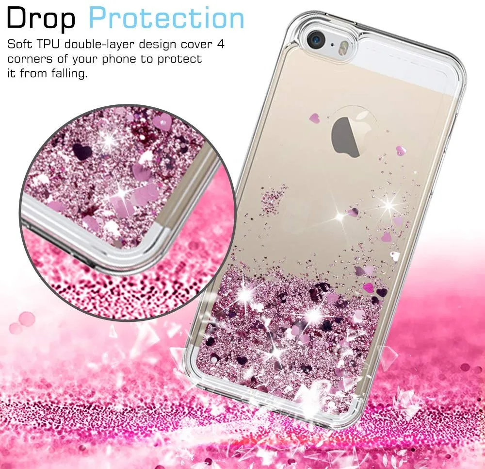 iPhone 5S Case, iPhone SE Case with [2 Pack] Tempered Glass Screen Protector, LeYi Glitter Bling Liquid Quicksand TPU Protective Case