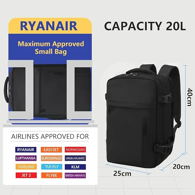 KIRFEIHT Cabin Bags 40x20x25 for Ryanair Underseat Carry-Ons Travel Backpack - Hand Luggage Backpack Cabin Bag Size 20L - Daypack School Office Bag with USB Port