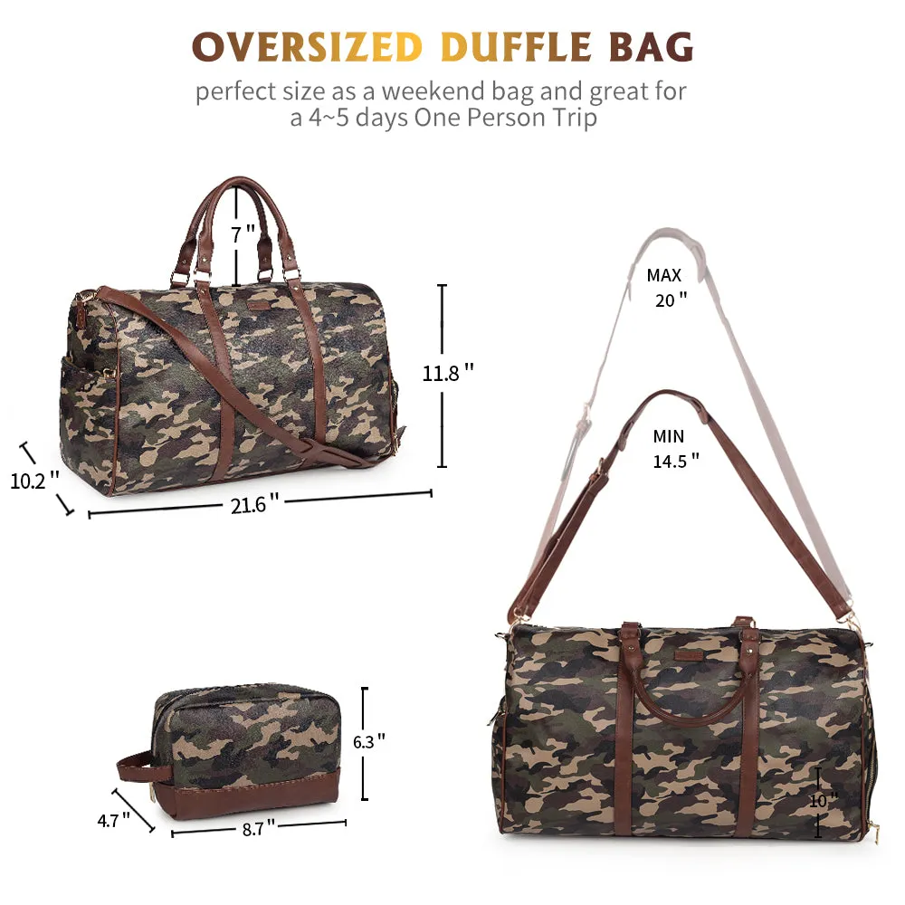 Large Travel Duffle Bag Vegan Leather with Shoe Compartment and Toiletry Bag(camouflage)