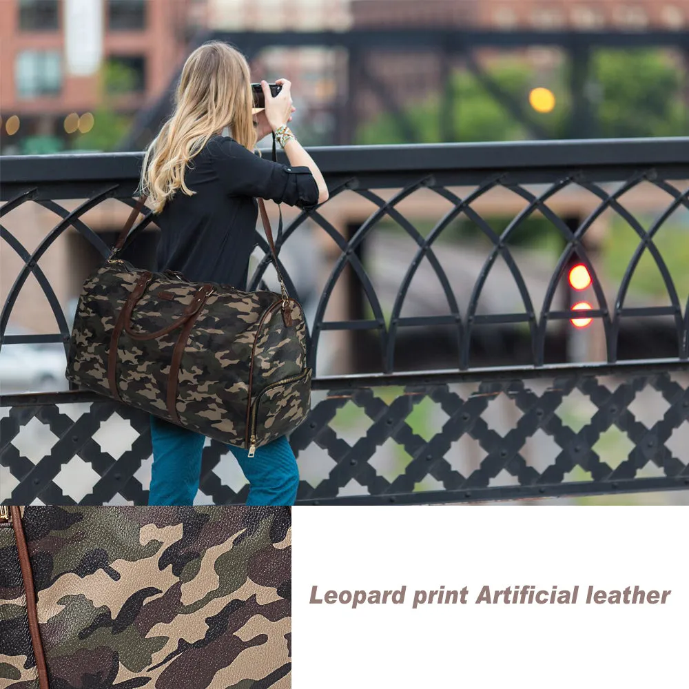 Large Travel Duffle Bag Vegan Leather with Shoe Compartment and Toiletry Bag(camouflage)