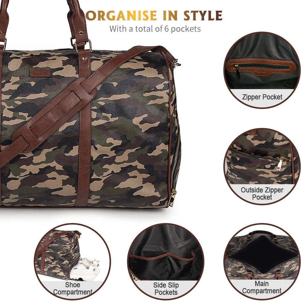 Large Travel Duffle Bag Vegan Leather with Shoe Compartment and Toiletry Bag(camouflage)