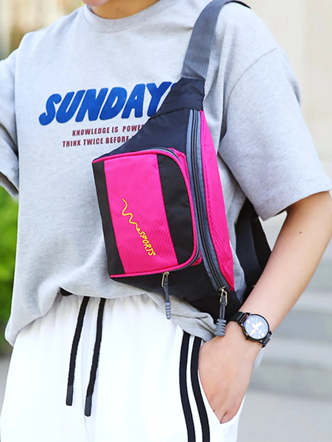 Letter Graphic Double Zipper Fanny Pack