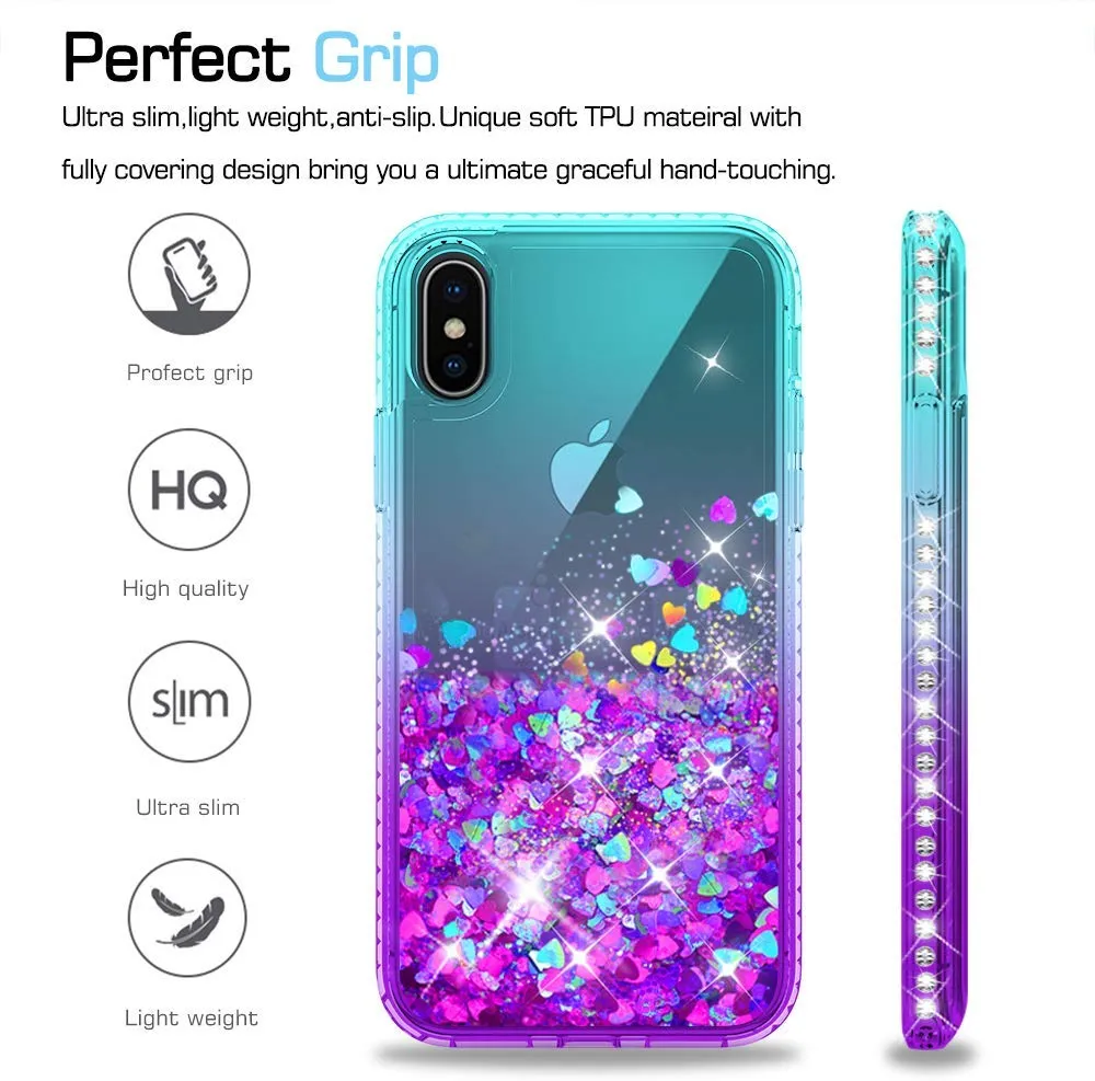 LeYi Case for iPhone XS/iPhone X with Glass Screen Protector [2 pack], 3D Glitter Liquid Cute Personalised Clear Silicone Gel Shockproof Phone Cover