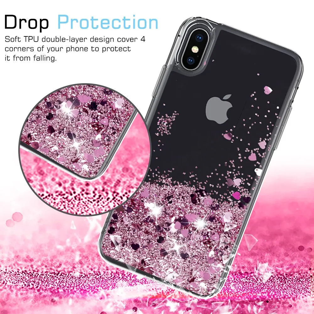 LeYi Case for iPhone XS/iPhone X with Glass Screen Protector [2 pack], 3D Glitter Liquid Cute Personalised Clear Silicone Gel Shockproof Phone Cover