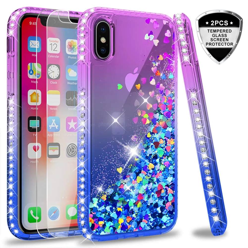 LeYi Case for iPhone XS/iPhone X with Glass Screen Protector [2 pack], 3D Glitter Liquid Cute Personalised Clear Silicone Gel Shockproof Phone Cover