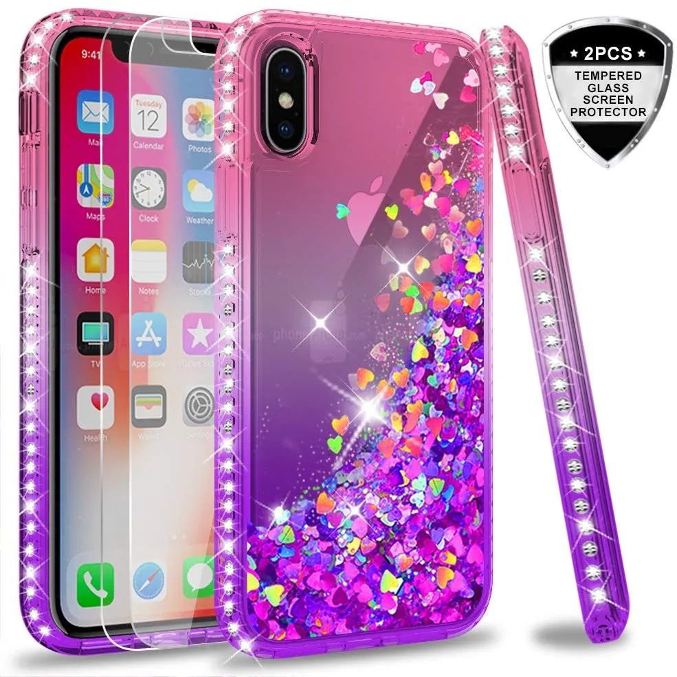 LeYi Case for iPhone XS/iPhone X with Glass Screen Protector [2 pack], 3D Glitter Liquid Cute Personalised Clear Silicone Gel Shockproof Phone Cover