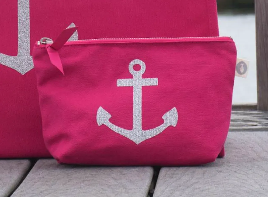 Makeup Bag: Hot Pink with Silver Anchor