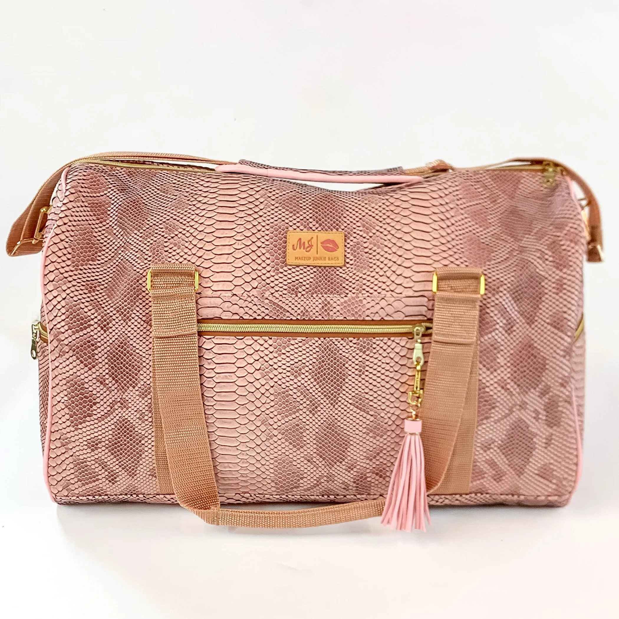 Makeup Junkie | Copperazzi Duffel Bag in Dusty Pink Snake Print