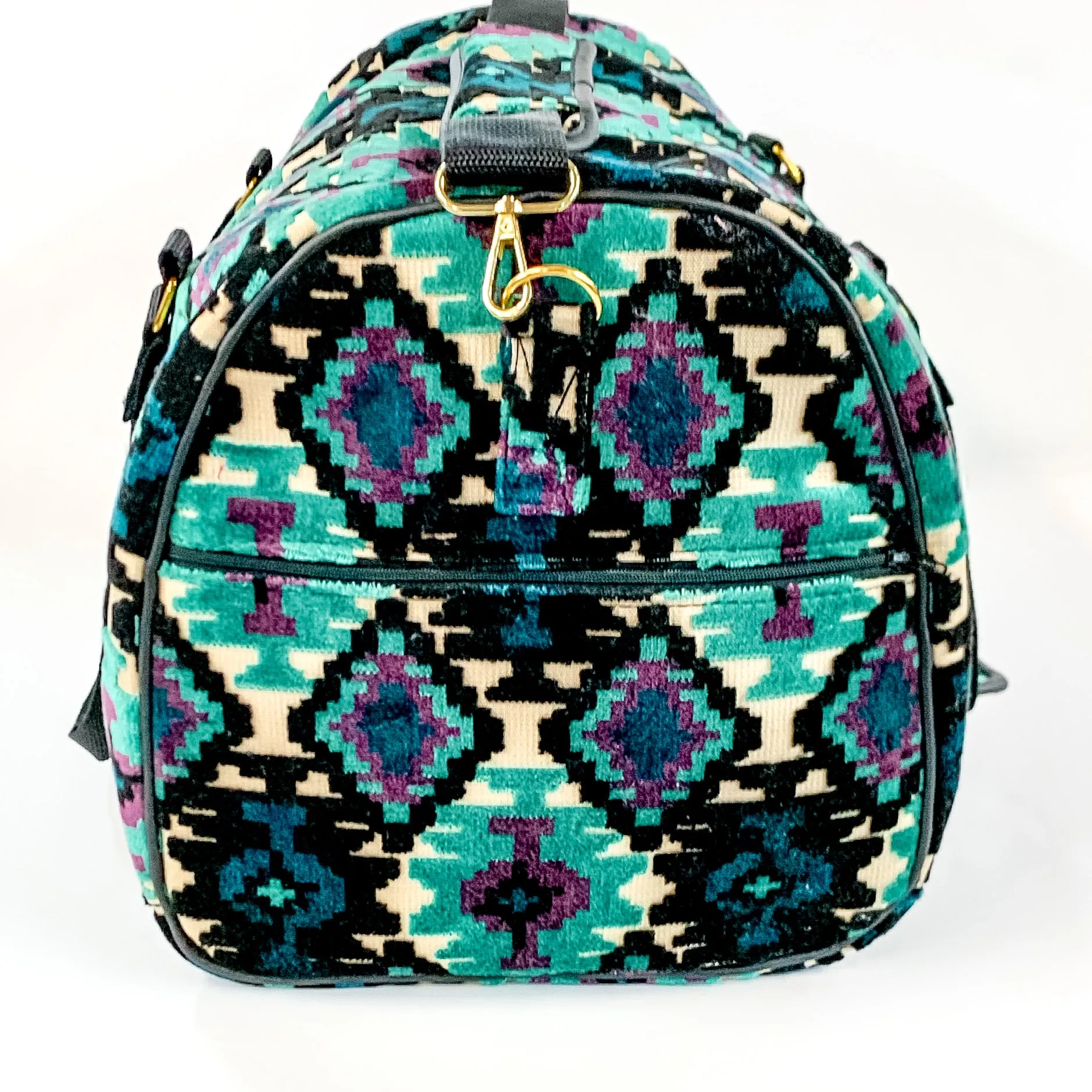 Makeup Junkie | Midnight Aztec Duffel Bag in Turquoise Green and Black Mix