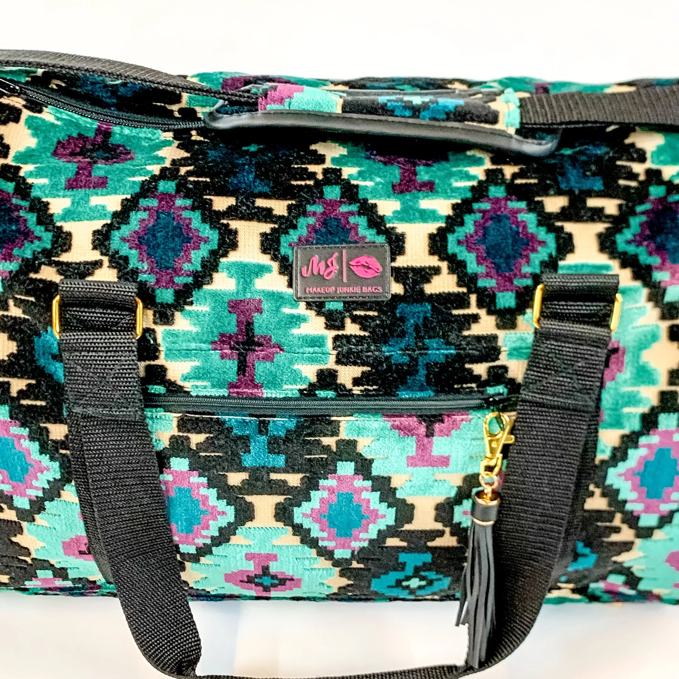 Makeup Junkie | Midnight Aztec Duffel Bag in Turquoise Green and Black Mix