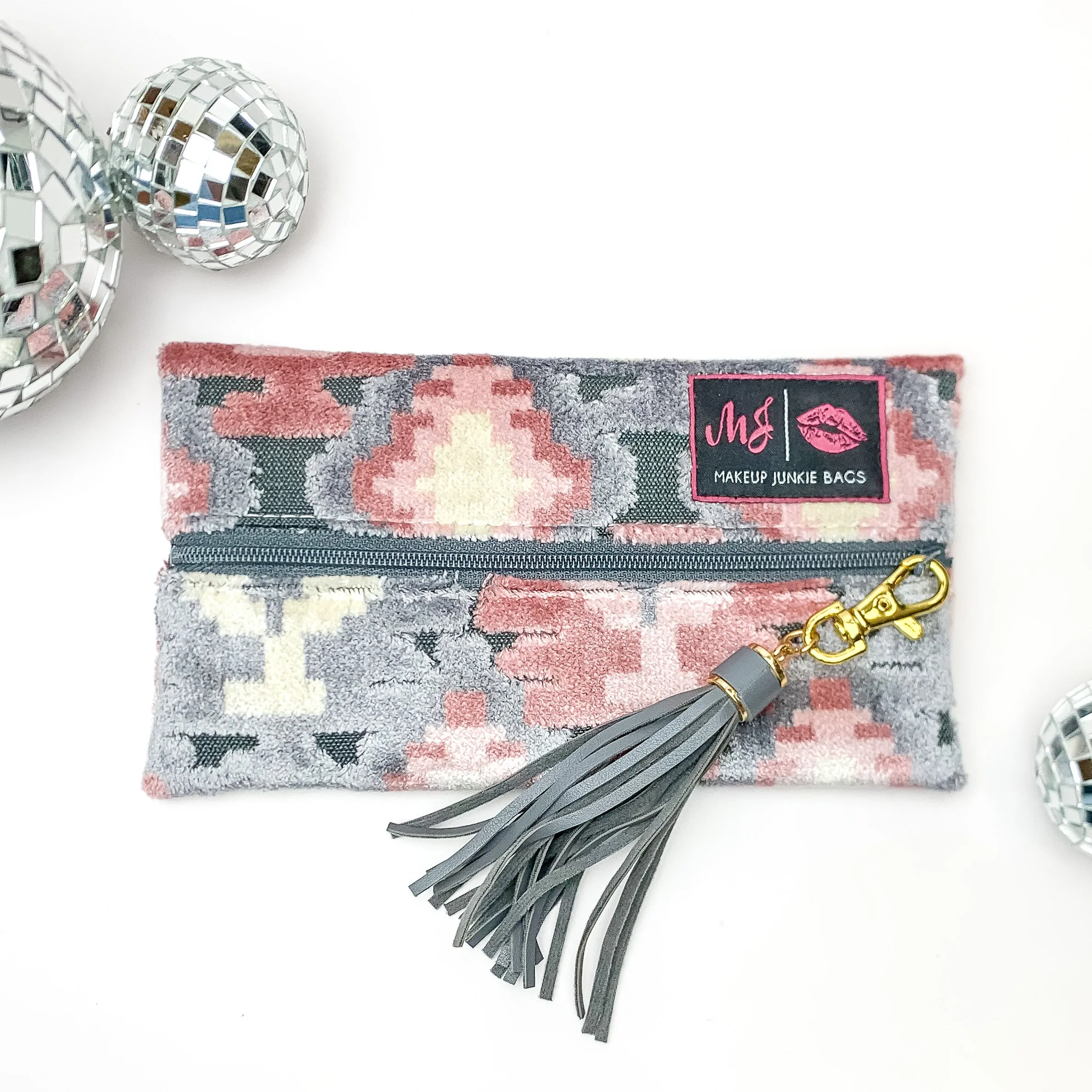 Makeup Junkie | Mini Blush Aztec Lay Flat Bag in Blush Pink and Grey Mix