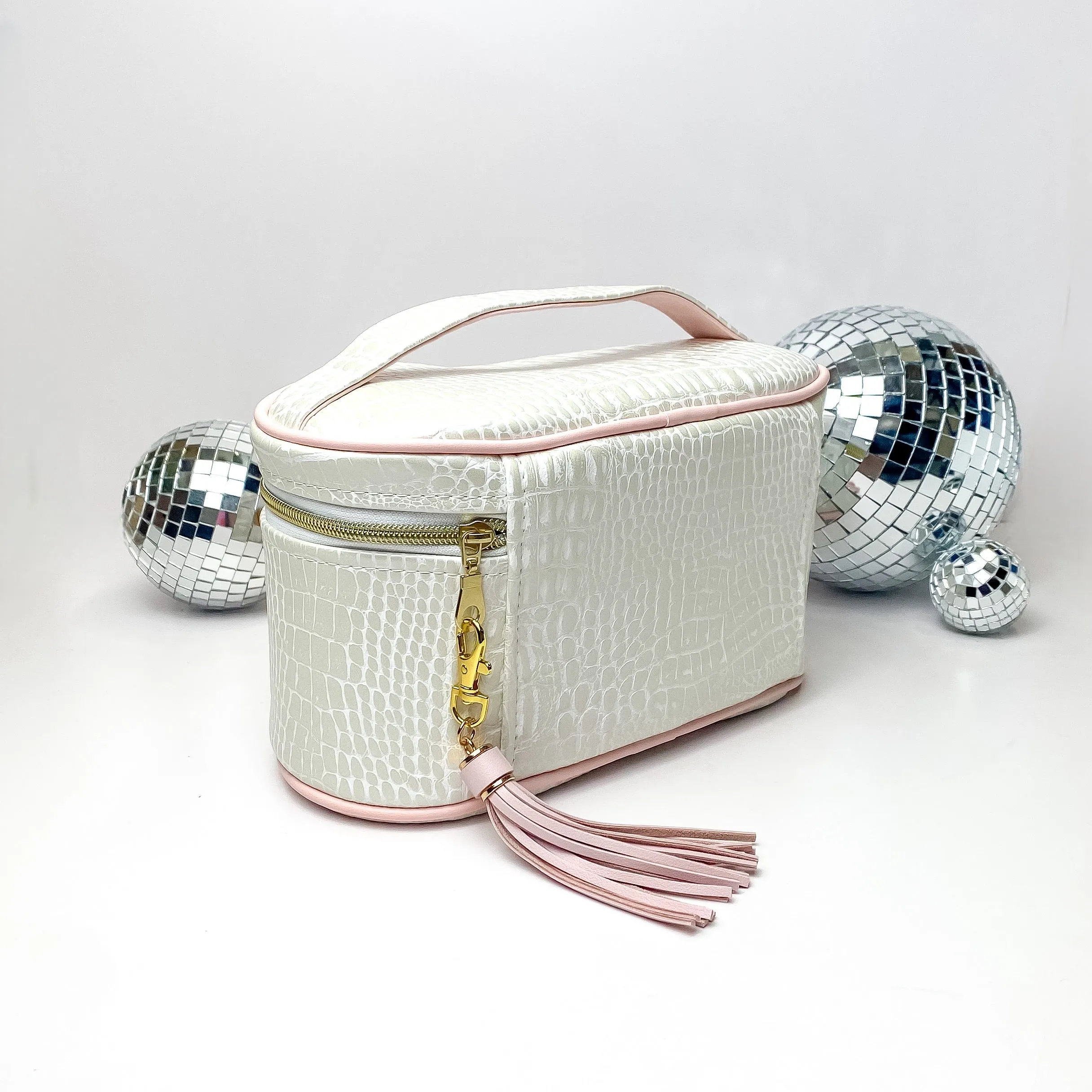 Makeup Junkie | Small Shade of Pearl Train Case in Pearl White Croc Print