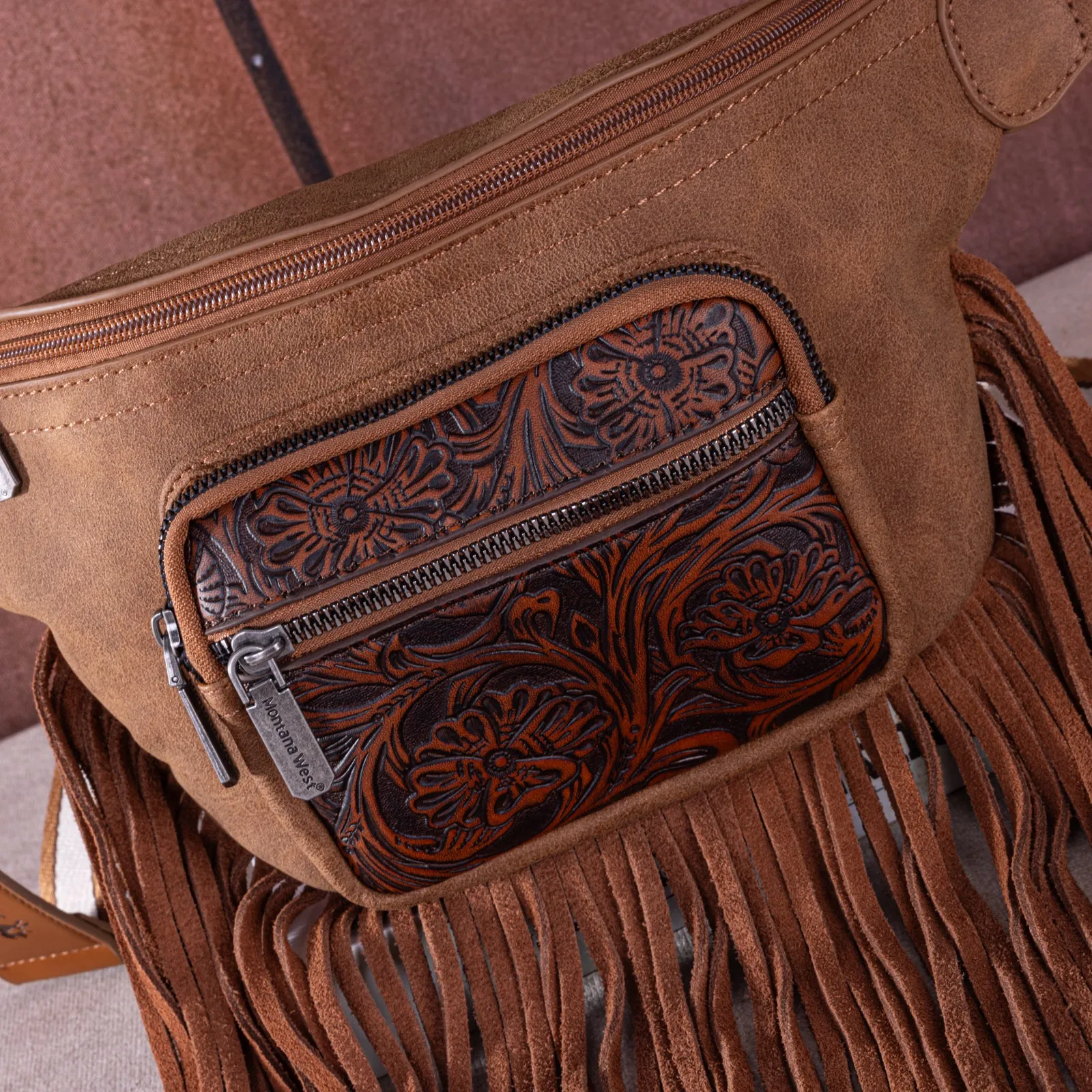 MW1276-194 Montana West Floral Tooled Fringe  Fanny Pack - Brown