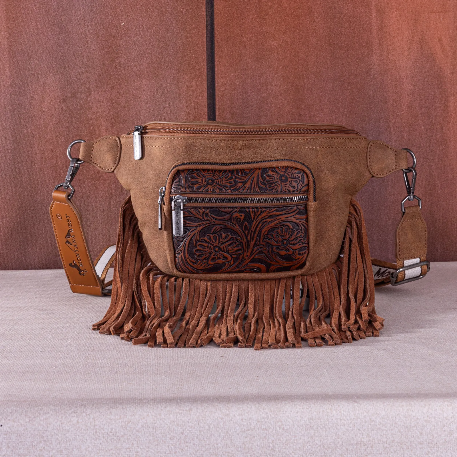 MW1276-194 Montana West Floral Tooled Fringe  Fanny Pack - Brown