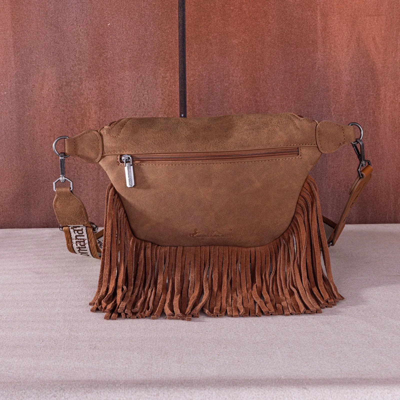 MW1276-194 Montana West Floral Tooled Fringe  Fanny Pack - Brown