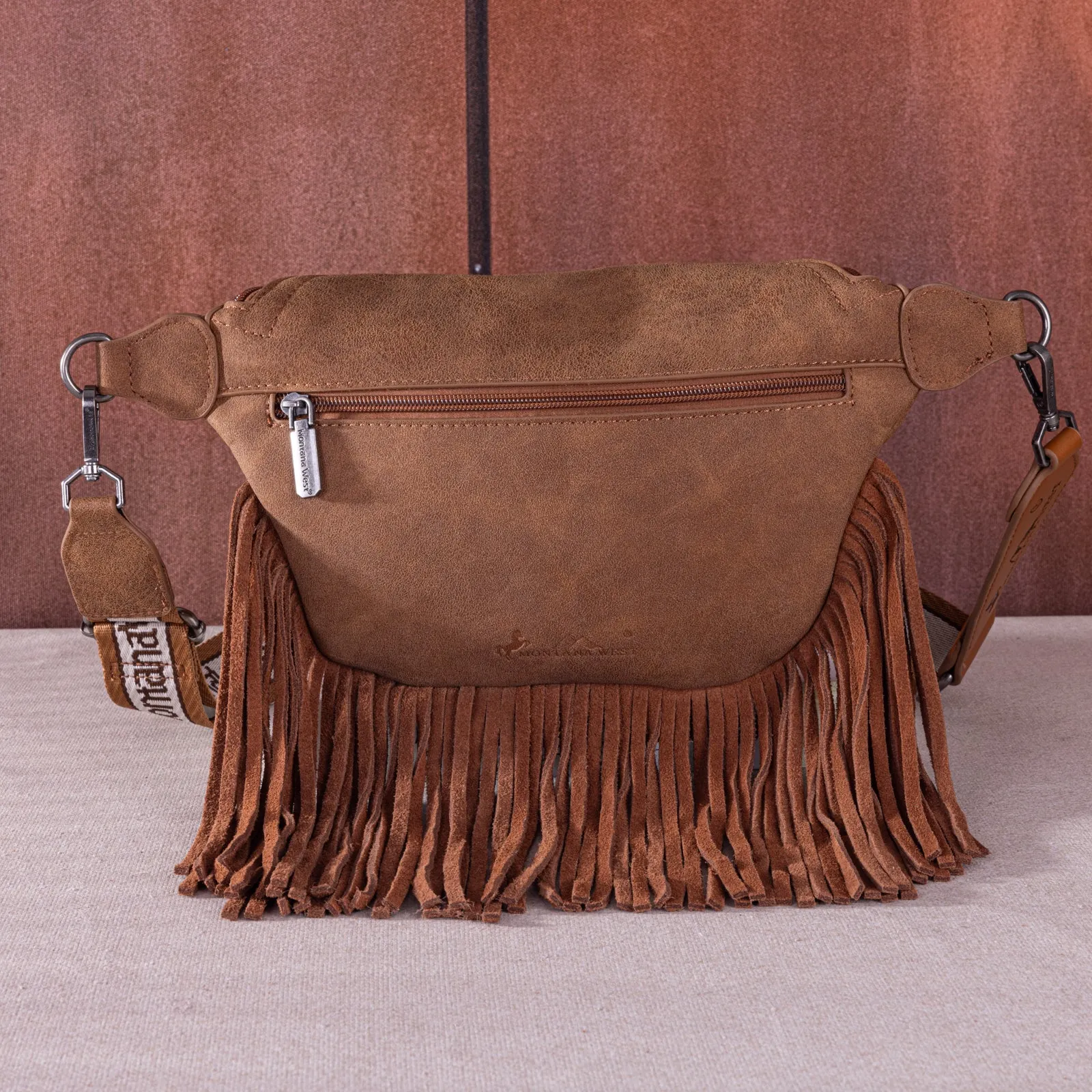 MW1276-194 Montana West Floral Tooled Fringe  Fanny Pack - Brown