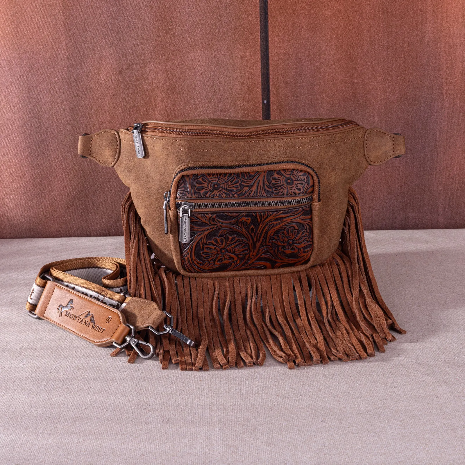 MW1276-194 Montana West Floral Tooled Fringe  Fanny Pack - Brown