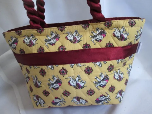 NEW LANBUA Cotton ELEPHANT Vegan Quilted Satchel TOTE Shopper YELLOW RED BOW