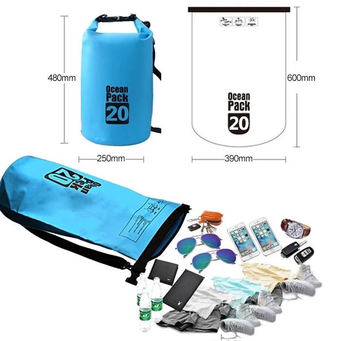 Outdoor Waterproof Double Shoulder Bag Dry Sack PVC Barrel Bag, Capacity: 20L (Sky Blue)