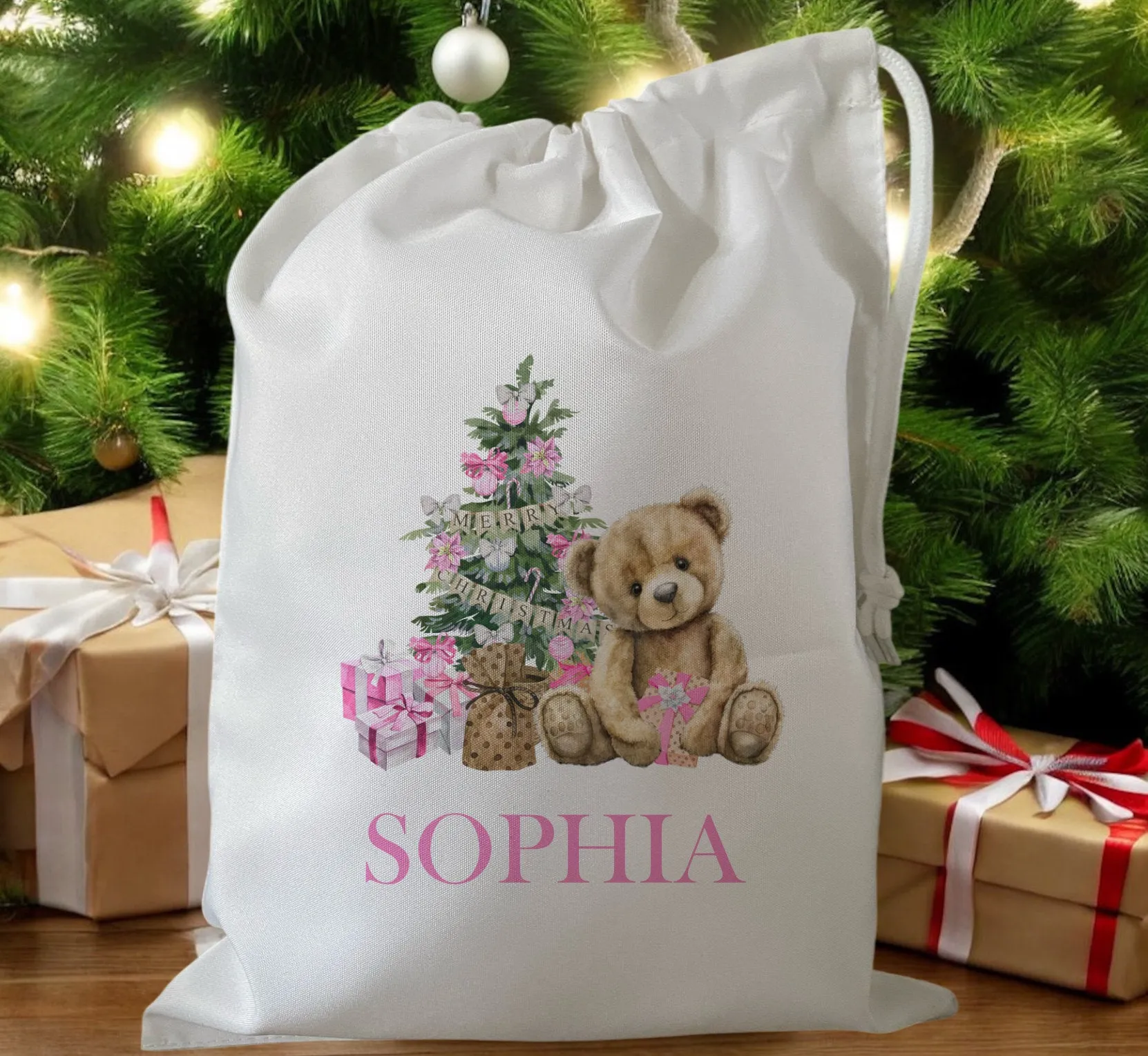 Peronalised Christmas Eve Treat Bag - Teddy Bear Blue, Pink, Red