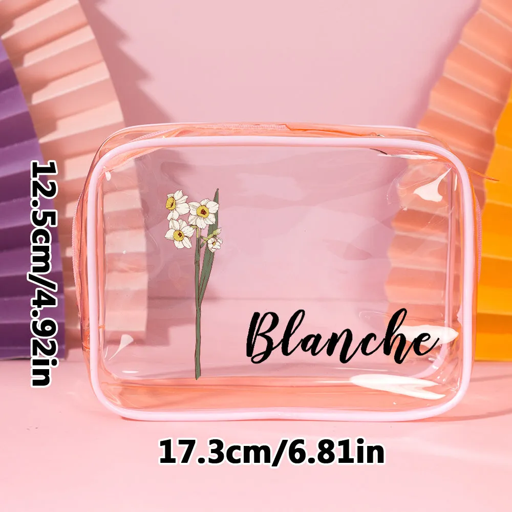 Personalized Birth Flower Clear Makeup Bag Waterproof Cosmetic Bag Wedding Travel Gift for Her