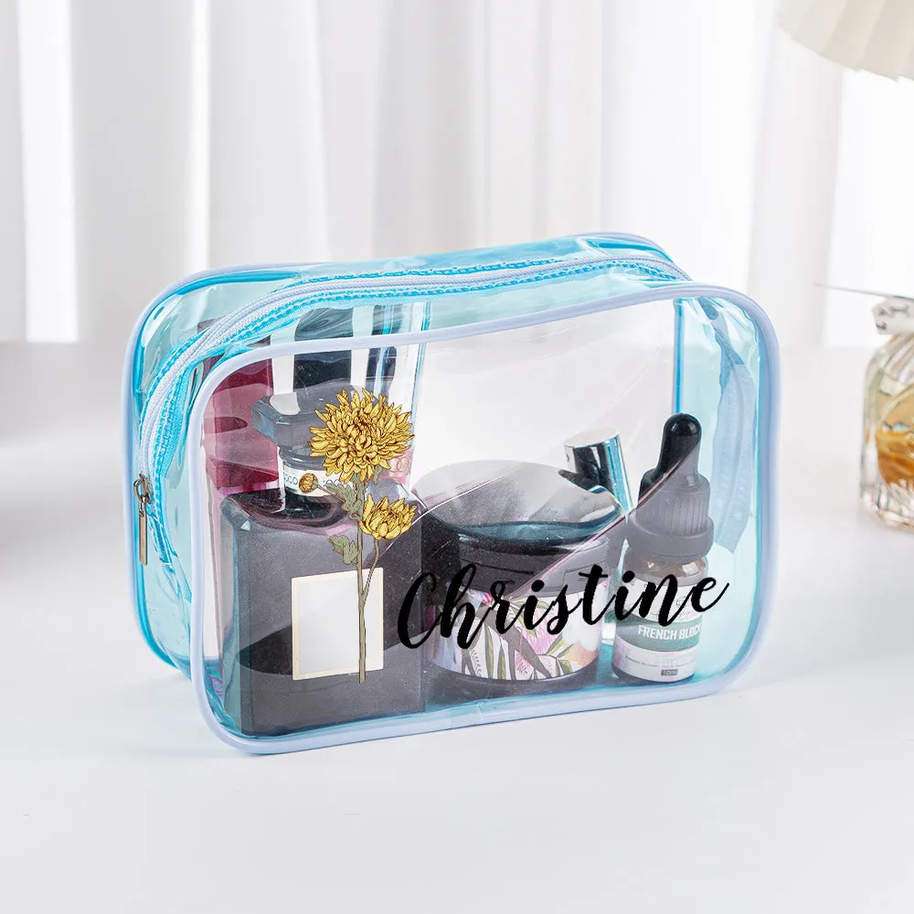 Personalized Birth Flower Clear Makeup Bag Waterproof Cosmetic Bag Wedding Travel Gift for Her