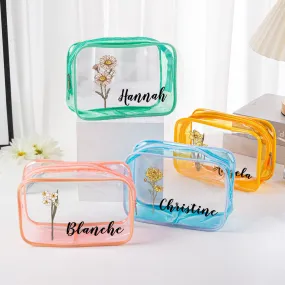 Personalized Birth Flower Clear Makeup Bag Waterproof Cosmetic Bag Wedding Travel Gift for Her