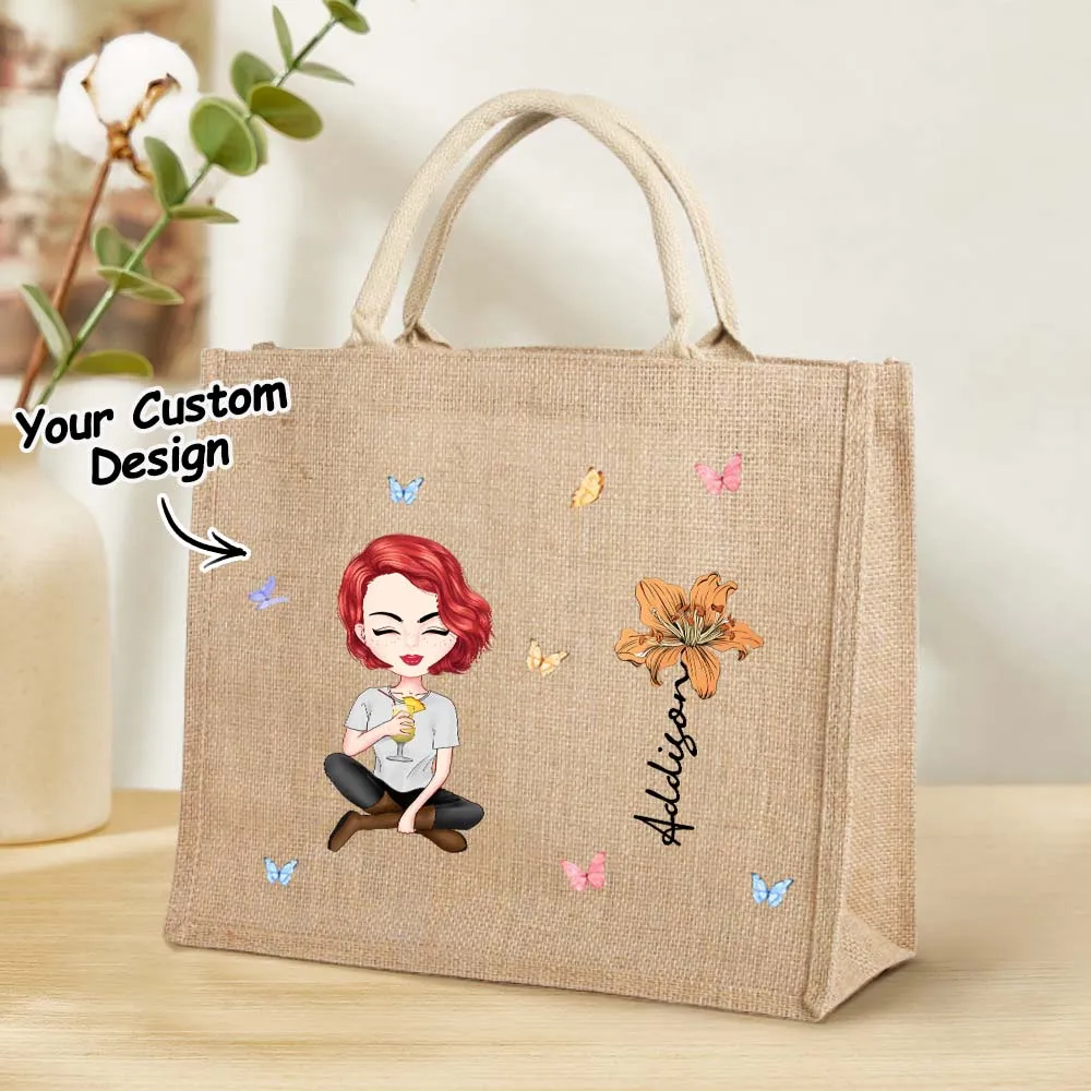 Personalized Cartoon Women Girl Birth Flower Jute Tote Bag with Name Wedding Birthday Gift for Her