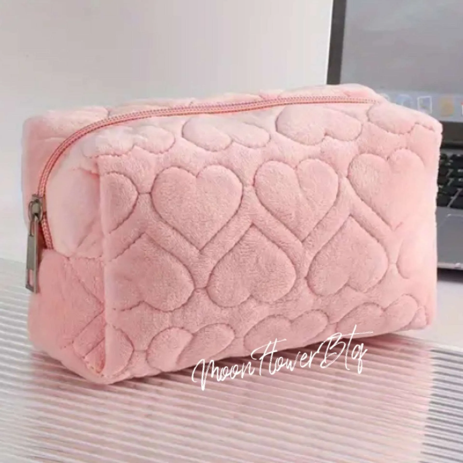 Pink Fuzzy Heart Cosmetic Makeup Bag