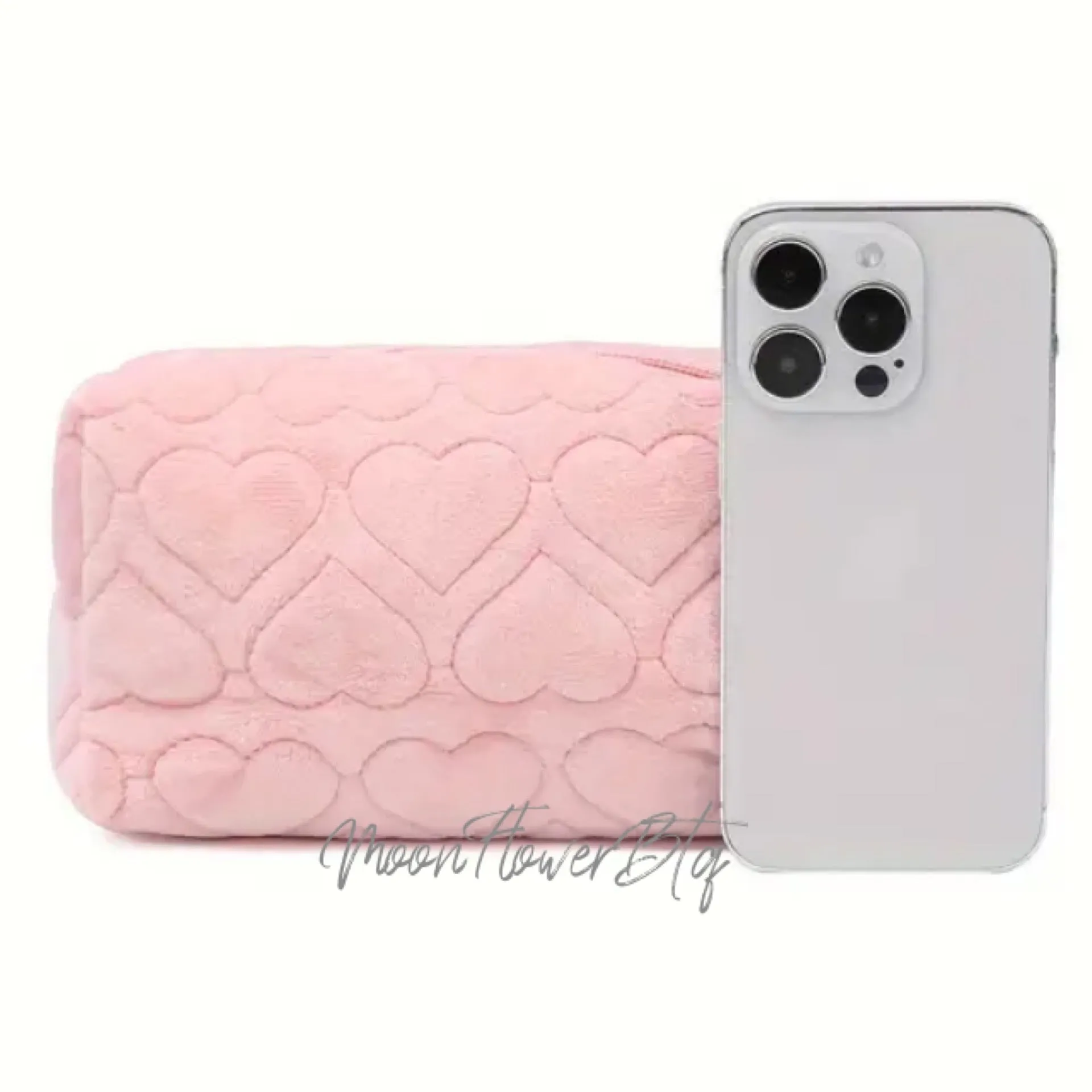 Pink Fuzzy Heart Cosmetic Makeup Bag