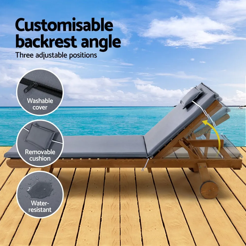 Set of 2 Wooden Sun Loungers Wheel Patio Grey