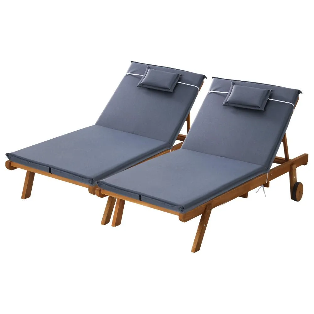 Set of 2 Wooden Sun Loungers Wheel Patio Grey