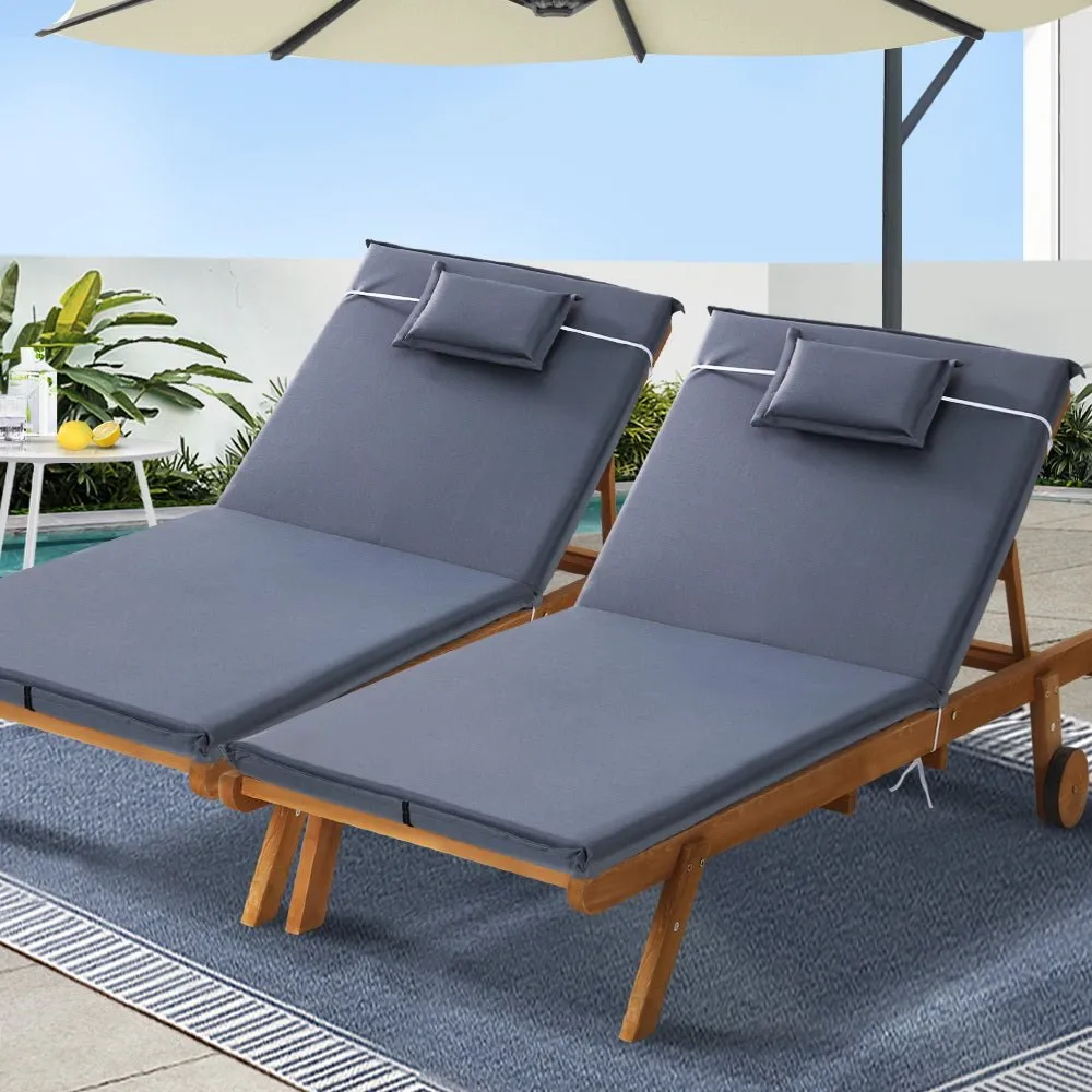 Set of 2 Wooden Sun Loungers Wheel Patio Grey