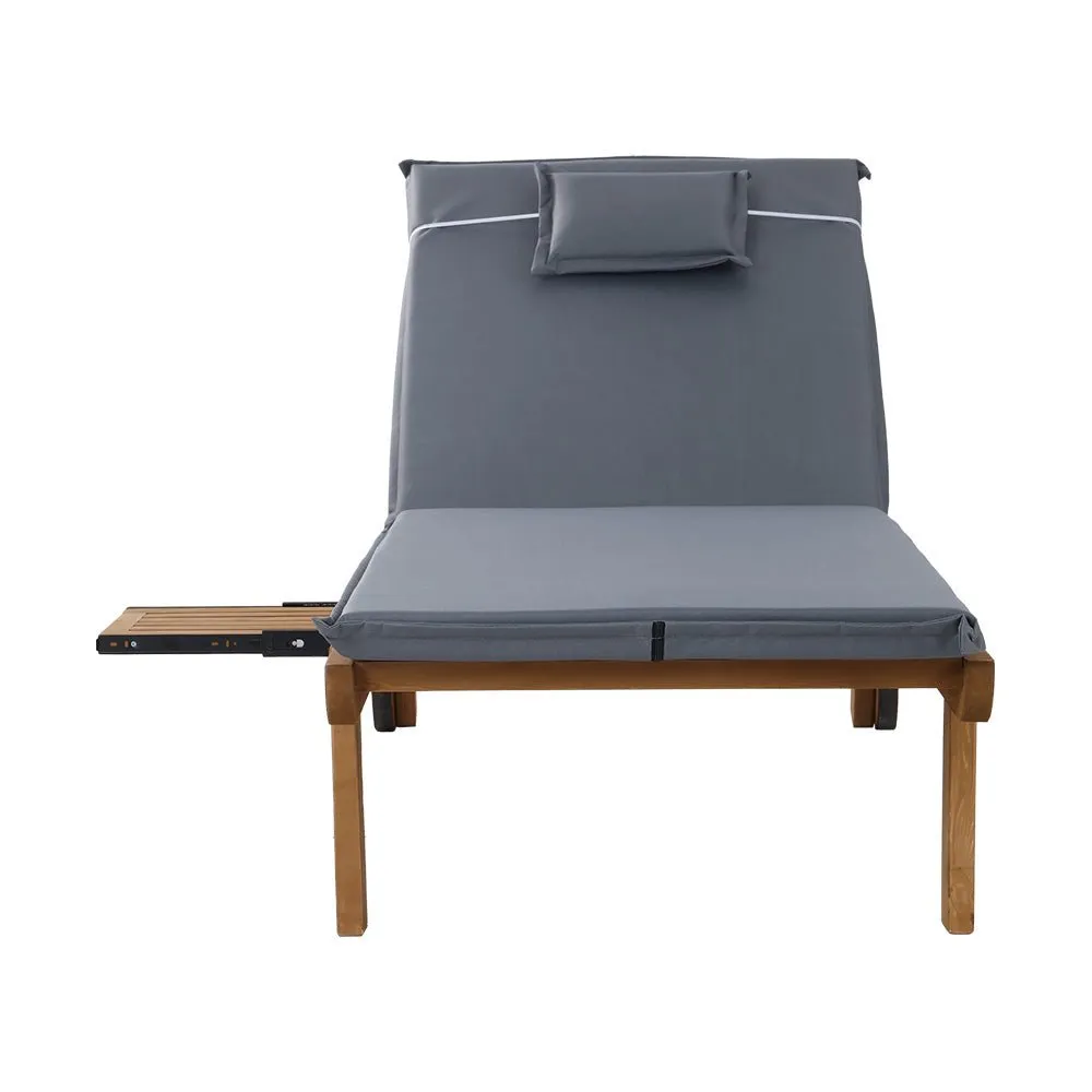 Set of 2 Wooden Sun Loungers Wheel Patio Grey